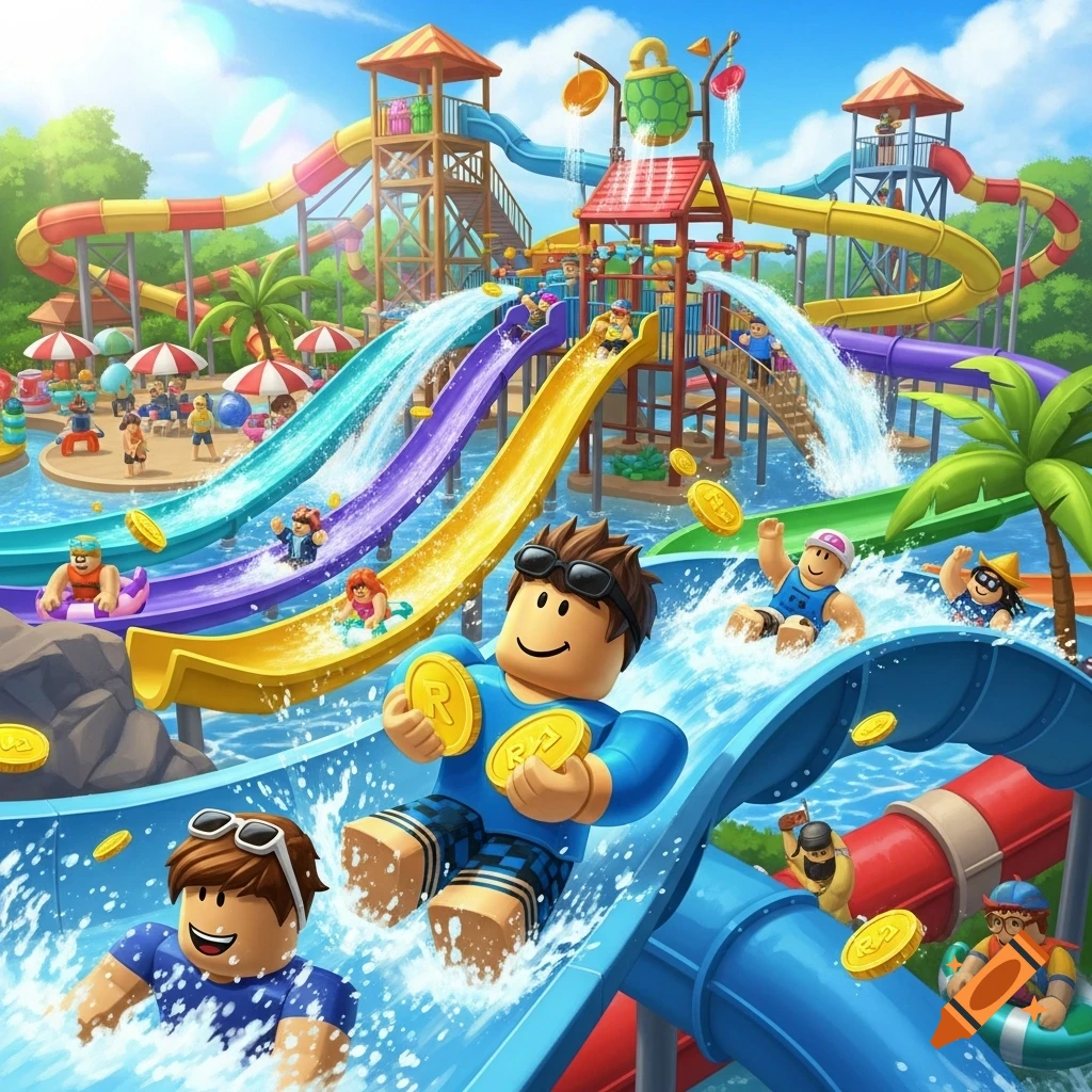 Roblox characters slide down colorful waterslides in a lively waterpark, with golden Robux coins in the water. Cartoon style.