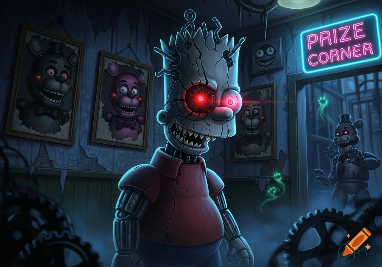 Robotic Bart Simpson with glowing red eyes in a dark, dilapidated room with creepy animatronics and a 'PRIZE CORNER' neon sign, horror art style.