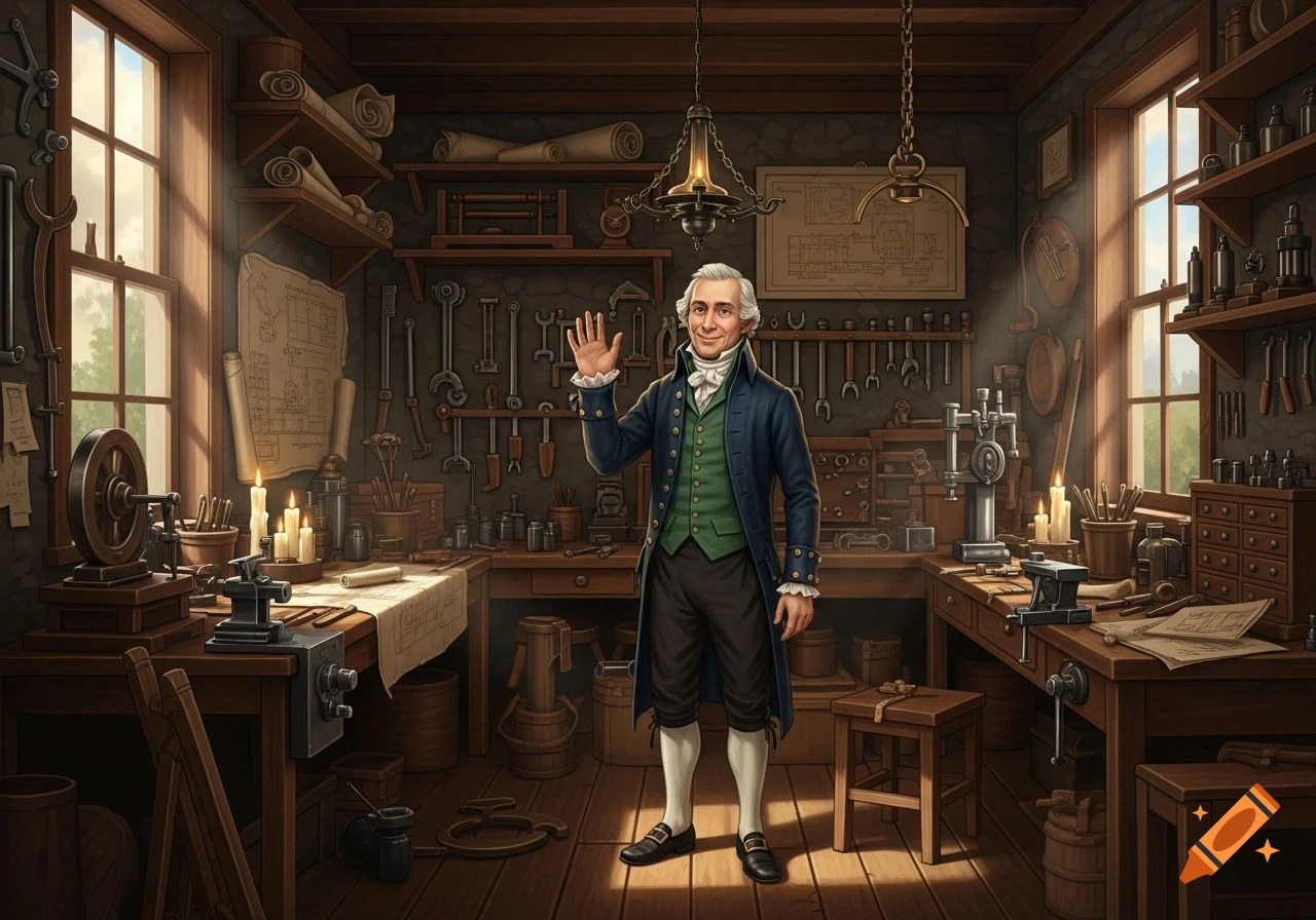 A man resembling James Watt, dressed in 18th-century attire, stands in a detailed historical workshop, waving with a friendly smile.