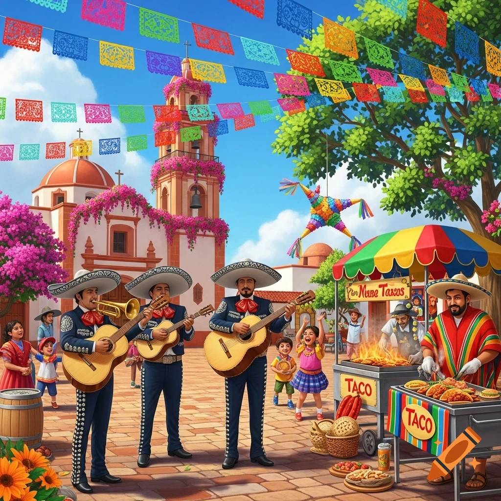 A vibrant Mexican festival scene with mariachi musicians, a taco stall with a vendor, a church, and colorful papel picado banners overhead.