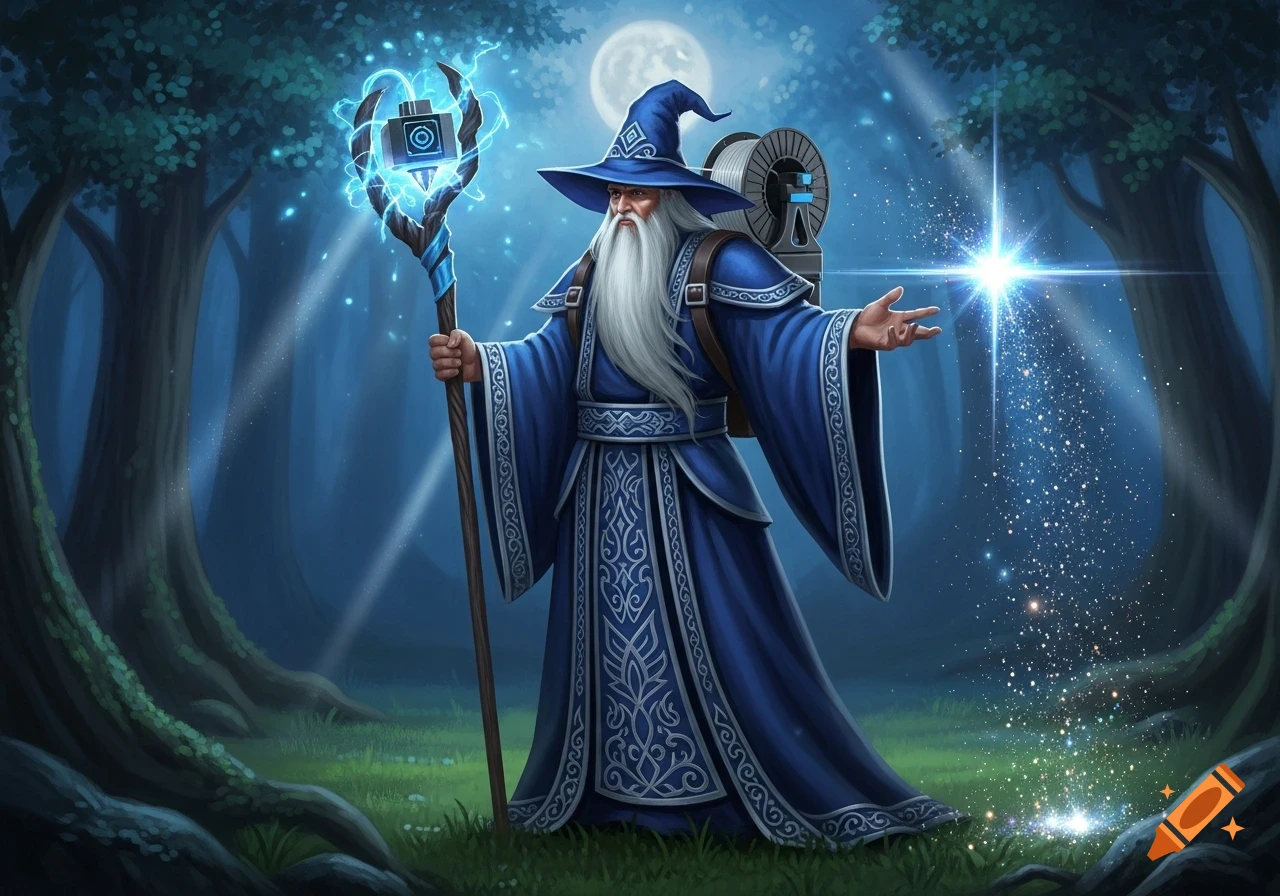 A wizard in blue robes with a white beard stands in a magical forest at night, holding a glowing staff and casting a spell.