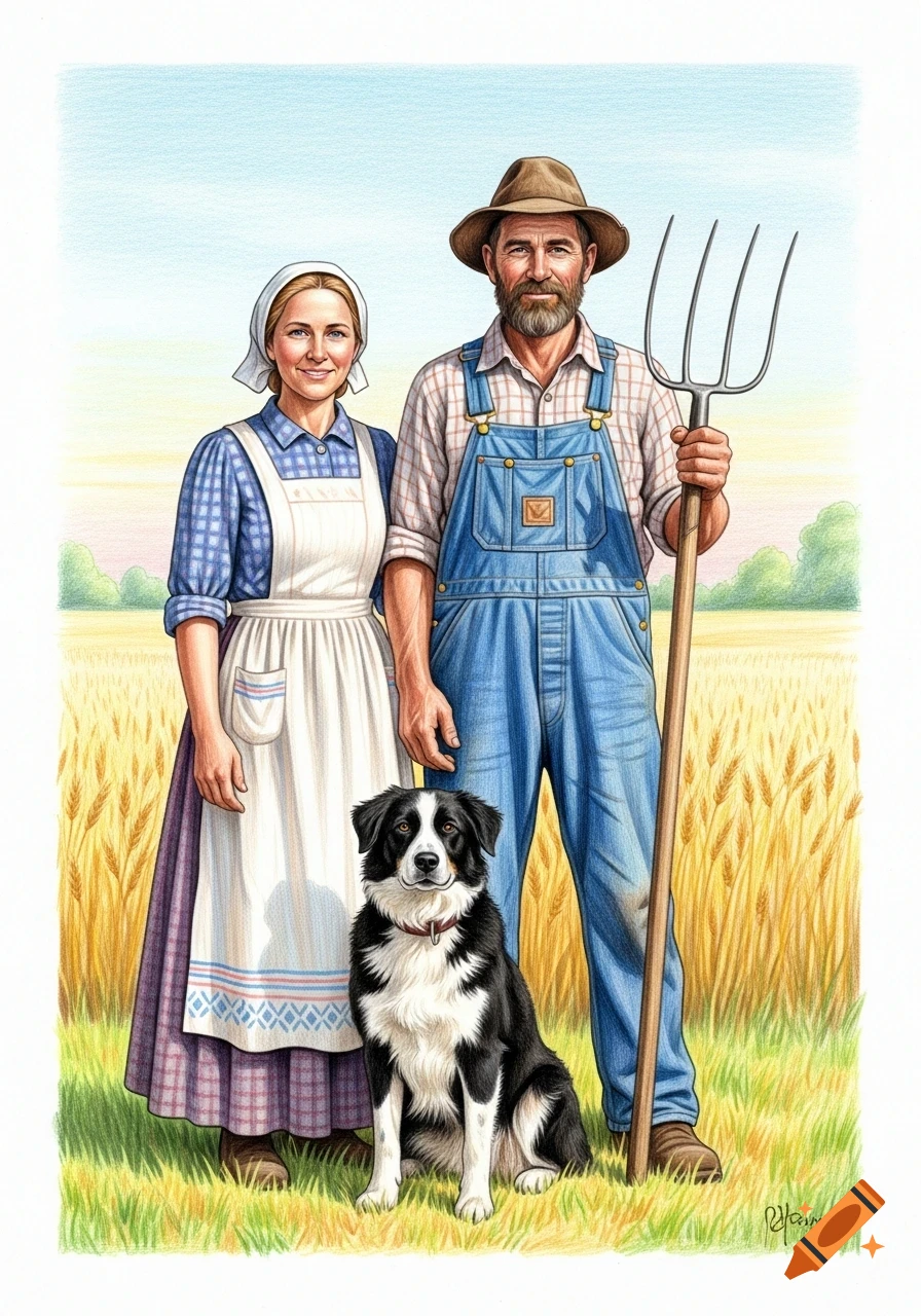 A colored pencil sketch of a bearded farmer holding a pitchfork, a farmer's wife, and a black and white sheepdog sitting in a wheat field.