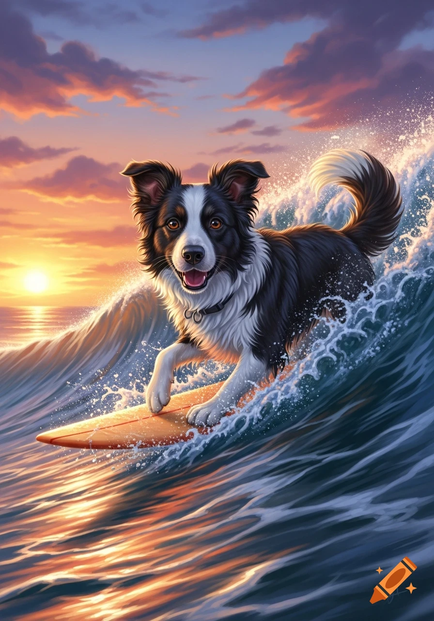 A happy Border Collie dog rides a surfboard on a wave in the ocean at sunset, with a vibrant sky.