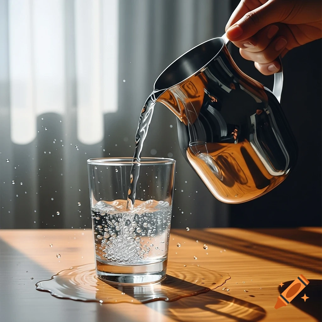A hand pours water from a metallic pitcher into a glass on a wooden table, causing splashes and spills.