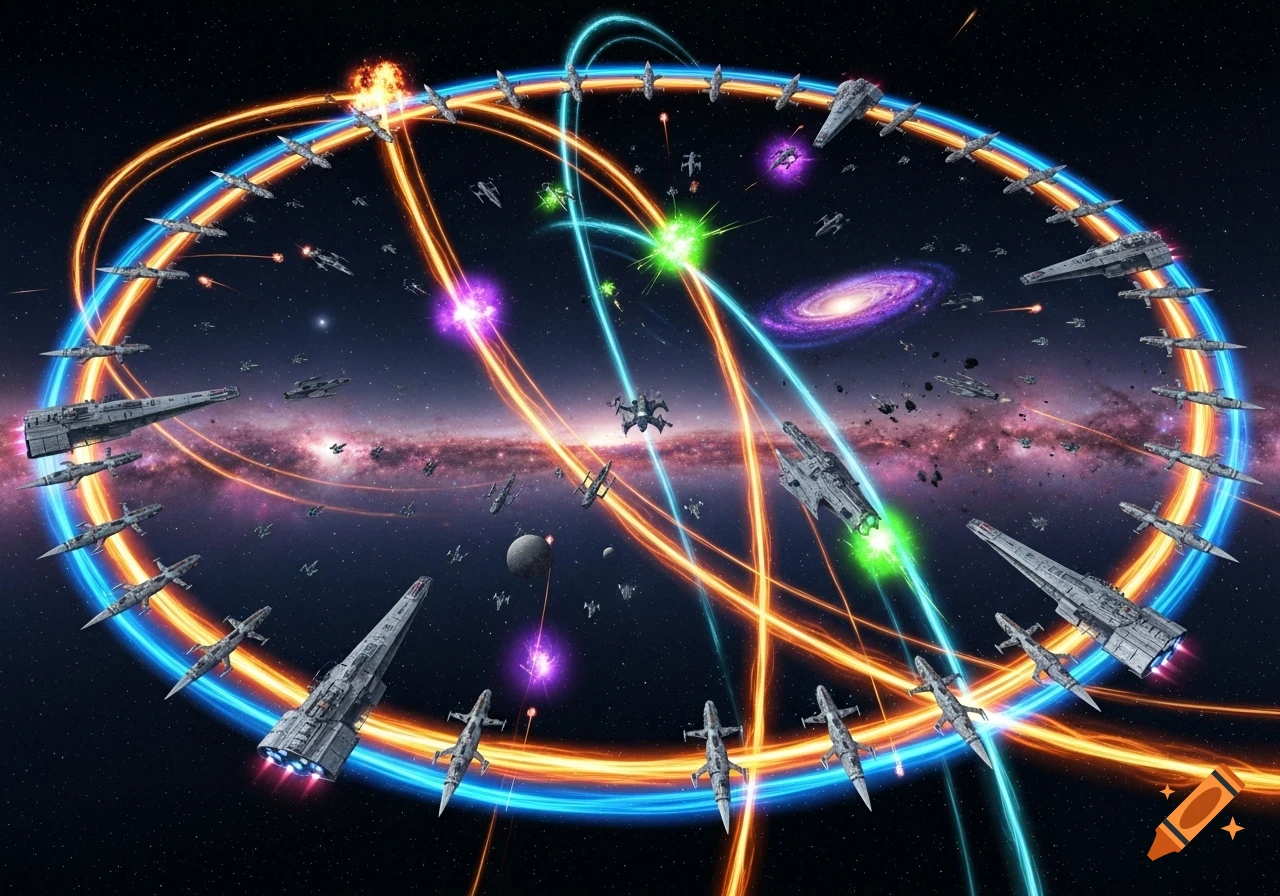 A vibrant space battle featuring futuristic battleships and smaller fighters, illuminated by colorful laser fire against a galactic backdrop.