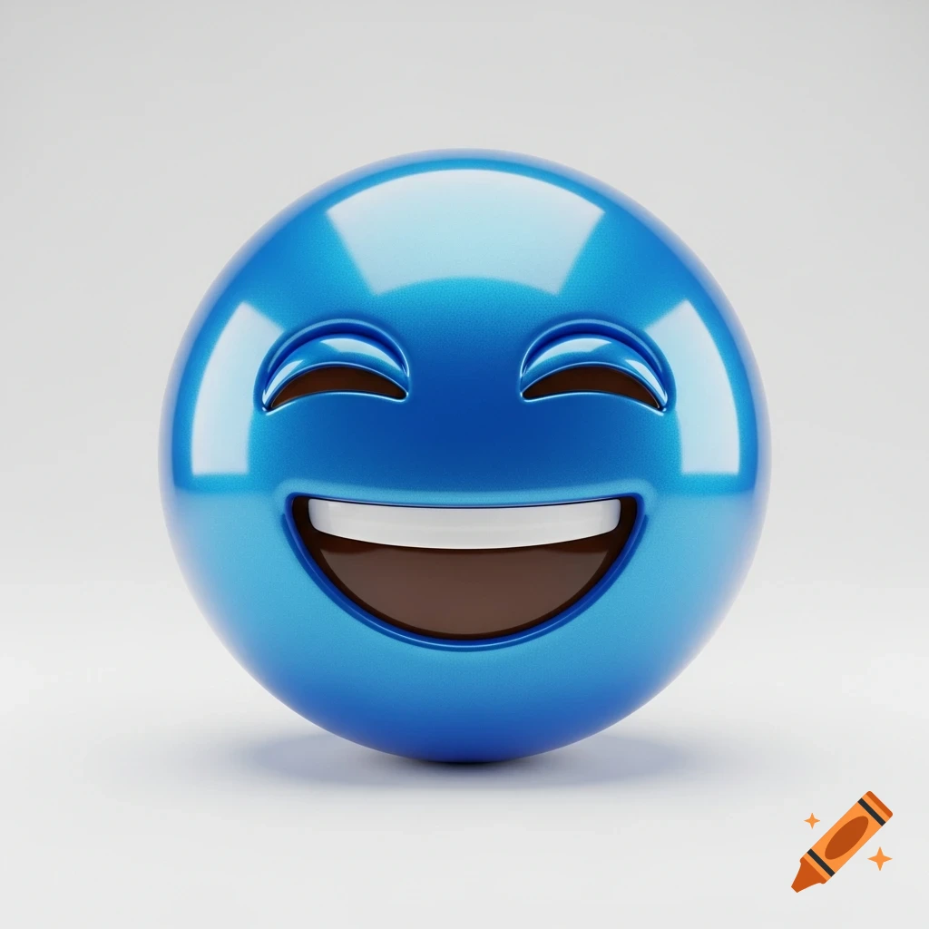 A shiny, realistic 3D blue laughing emoji on a white background.