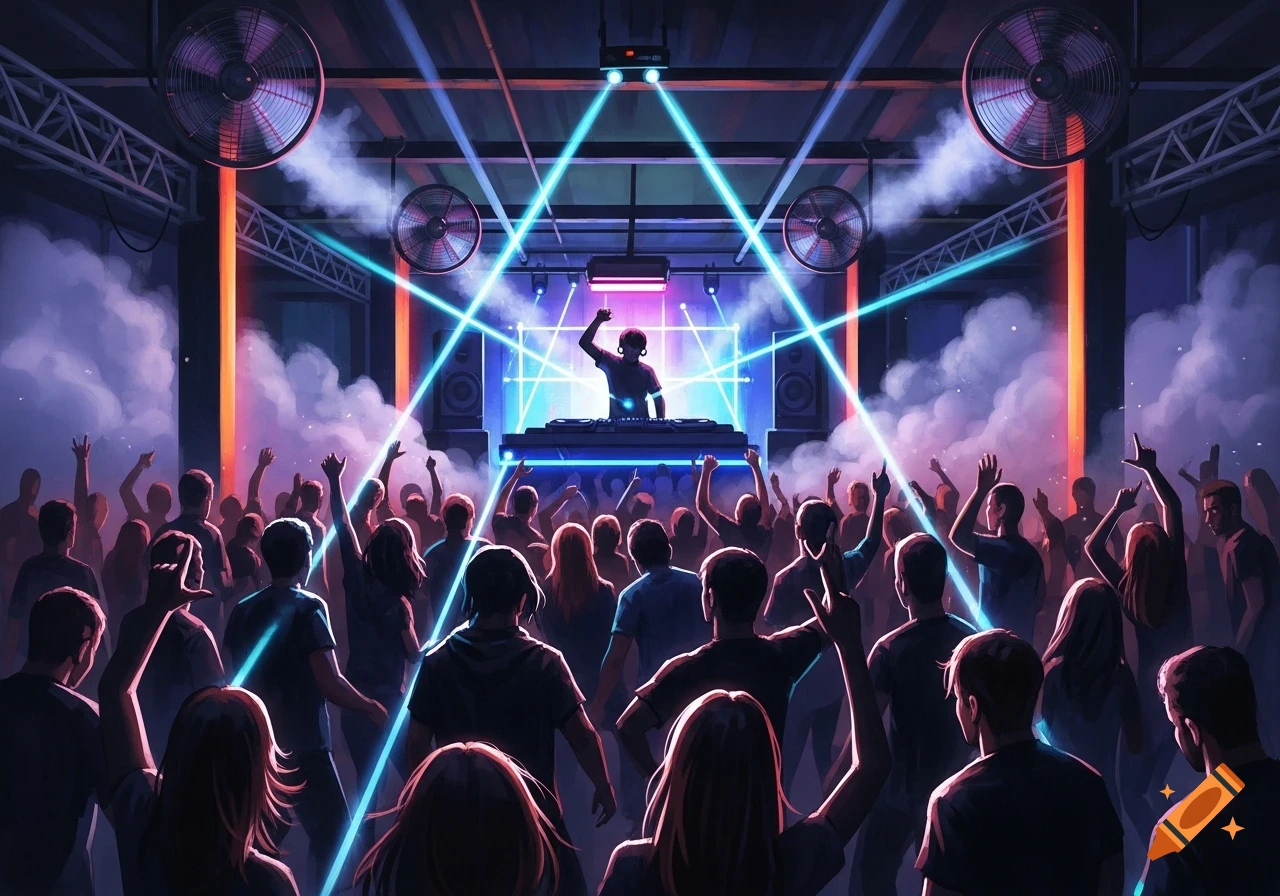 A DJ performs on a stage with vibrant blue laser lights and smoke, a silhouetted crowd dances in an energetic club.