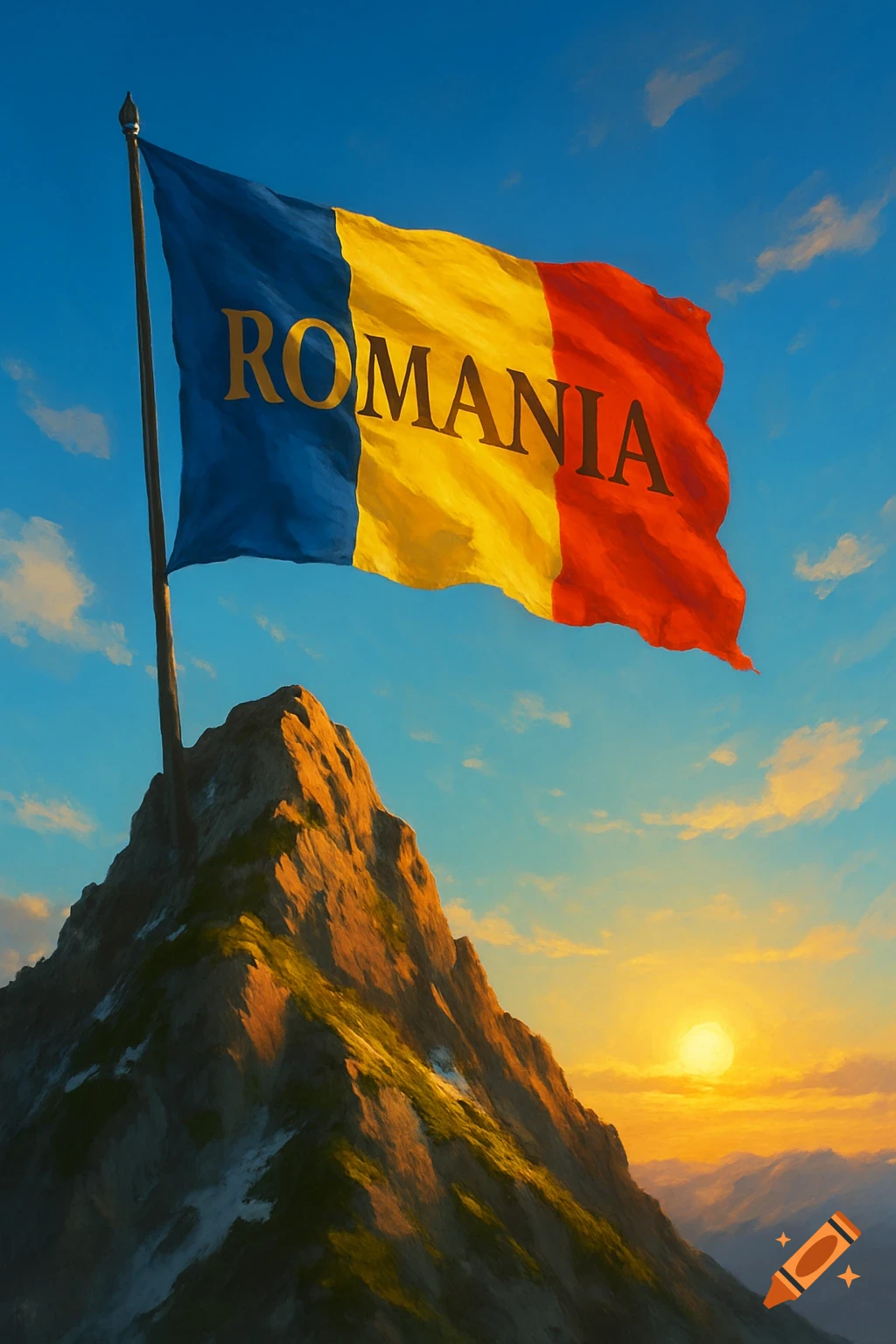 A stylized Romanian flag with 'ROMANIA' written on it waves from a mountain peak at sunset, under a bright blue and orange sky.