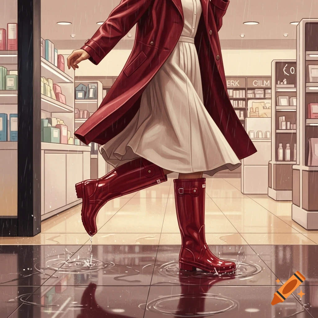 Person in red coat and rain boots stepping in puddles on a wet floor inside a store, illustration.
