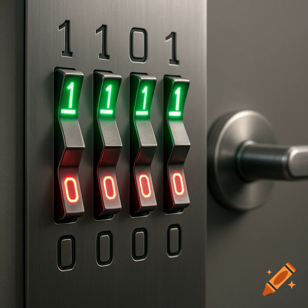 Close-up of a brushed metal binary code lock with four switches showing glowing green 1s and red 0s, with "1101" carved above.