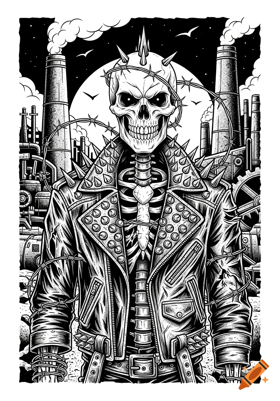 Black and white line art of a crust punk skeleton in a studded jacket, wrapped in barbed wire, with smoking industrial factories in the background.