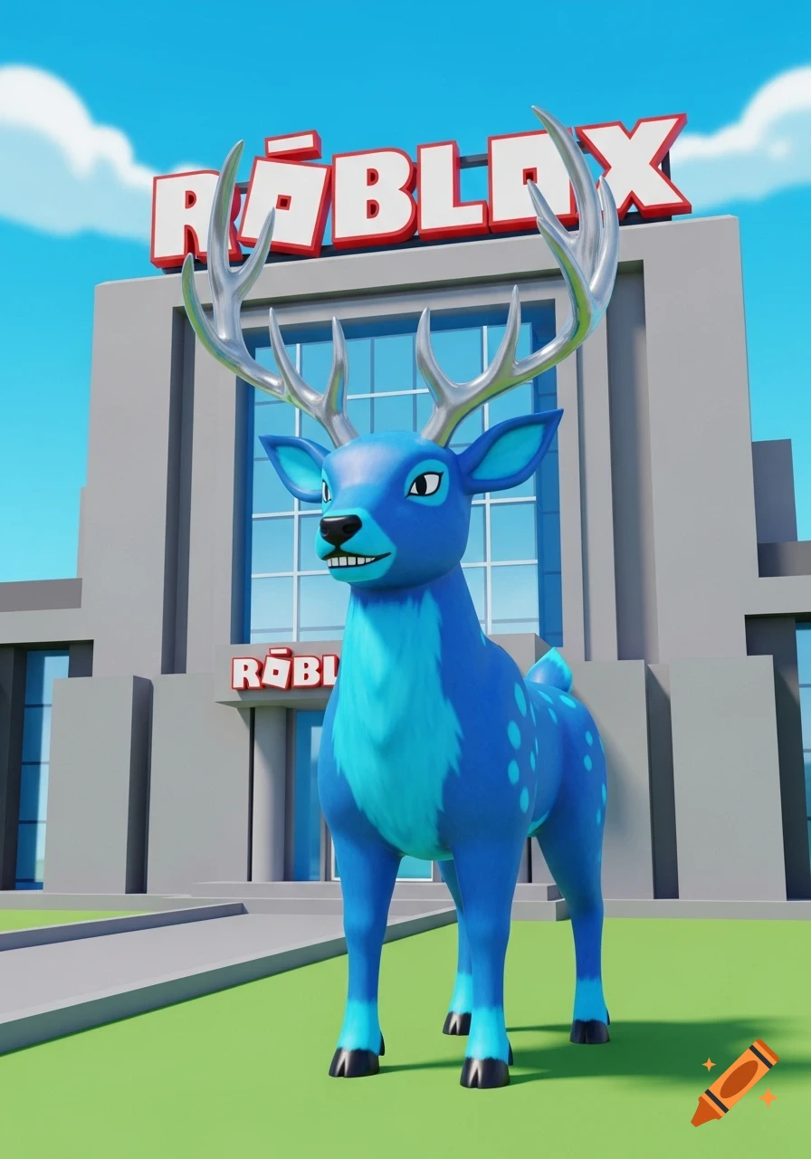A stylized blue deer with silver antlers stands in front of a Roblox headquarters building against a blue sky.