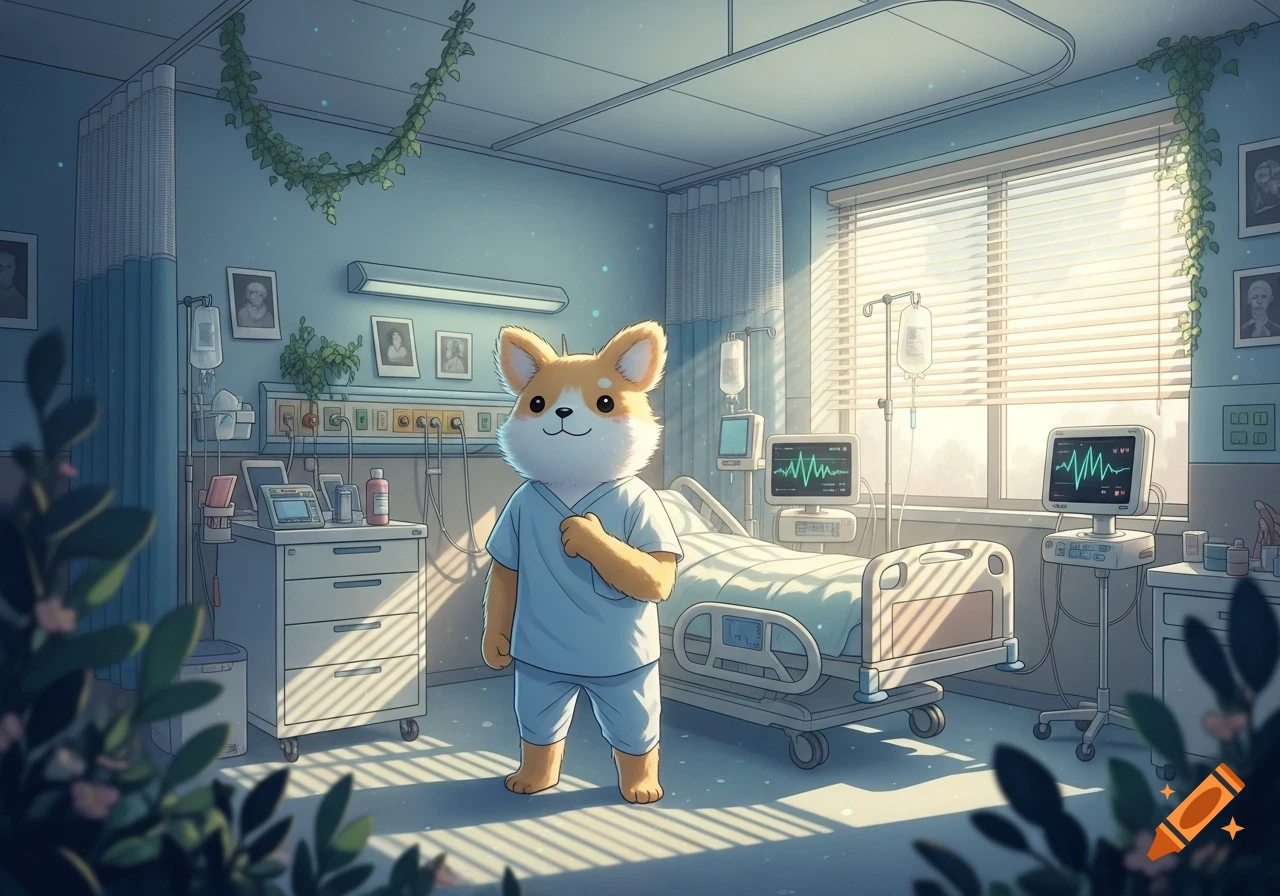 A cute, anthropomorphic corgi-like character in light blue scrubs stands in a sunny, clean anime-style hospital room.
