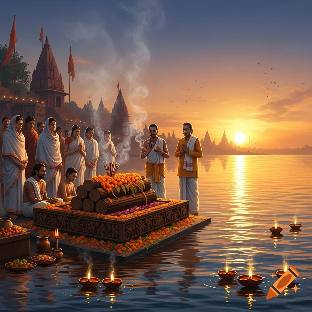 A Hindu funeral ceremony by a river at sunset, with people around a flower-adorned pyre and temples in the background.