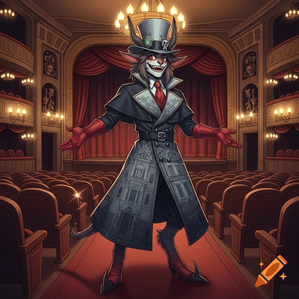A grinning, horned beast character in a top hat, black trench coat with building prints, red gloves, and pointed boots, stands in an old theatre.