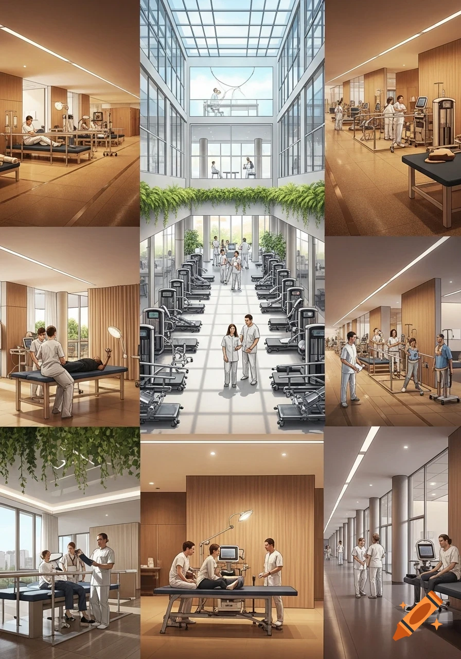 A collage of scenes inside a modern, multi-story medical facility, showing patients and staff in physical therapy and examination rooms.