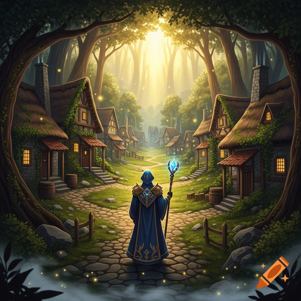 A lone wizard with a glowing staff stands on a cobblestone path, looking into a sunlit fantasy village surrounded by a dense forest.