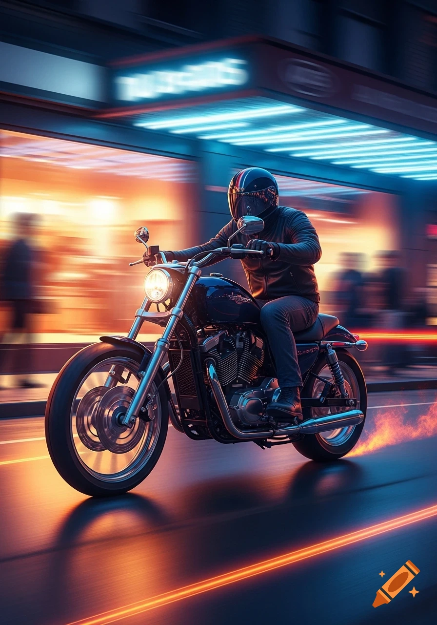 A person in a helmet and leather jacket rides a dark motorcycle down a city street at night, with neon lights and motion blur creating a vibrant, dynamic effect.