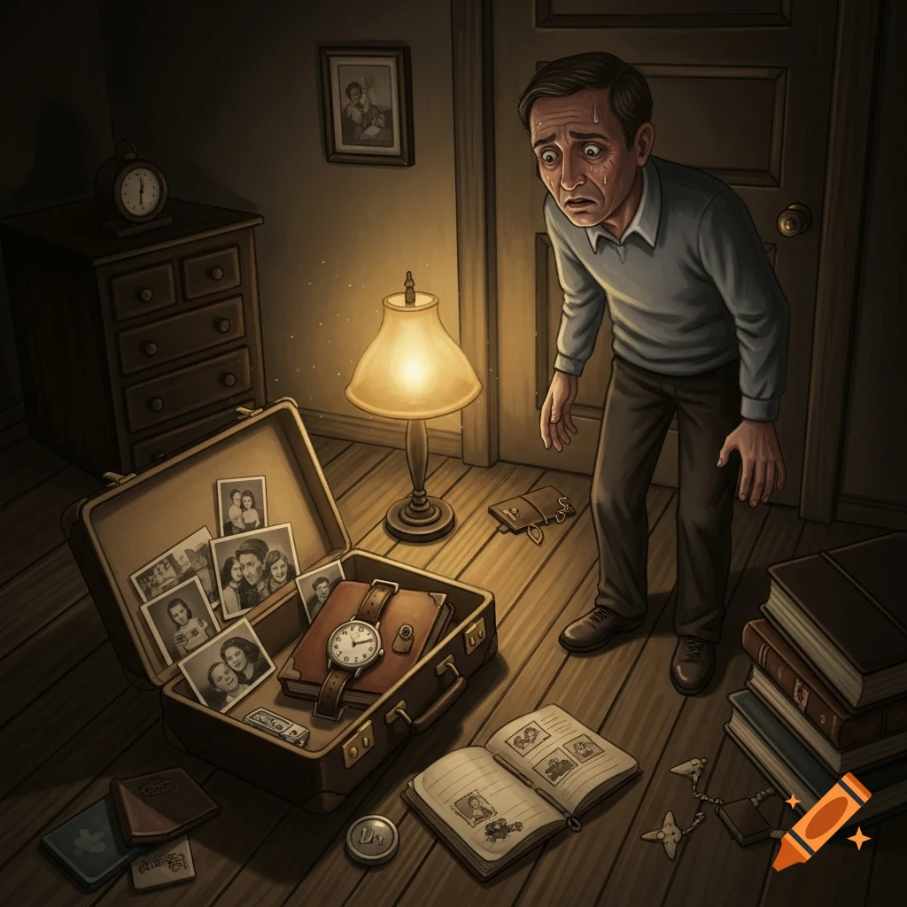 A distressed man stands over an open suitcase filled with old photos, a watch, and other mementos, surrounded by scattered books and personal items on a wooden floor in a dimly lit room, rendered in an illustrative style.