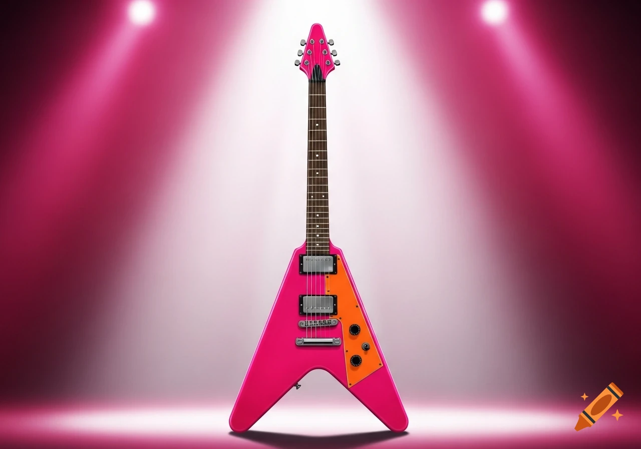 Hot pink and neon orange flying V style electric guitar under pink stage lights.