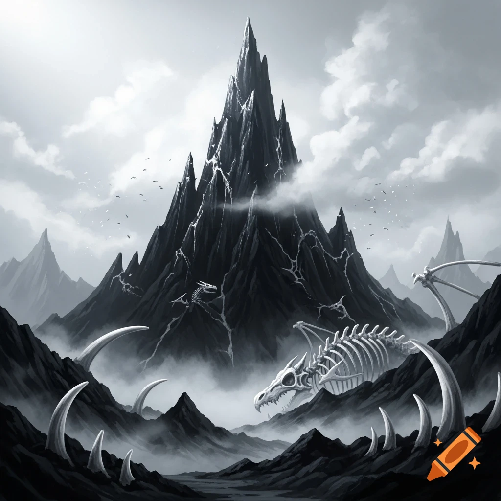 Dark, jagged mountain peak with cracks, surrounded by clouds and dragon skeletons in a grayscale fantasy landscape.