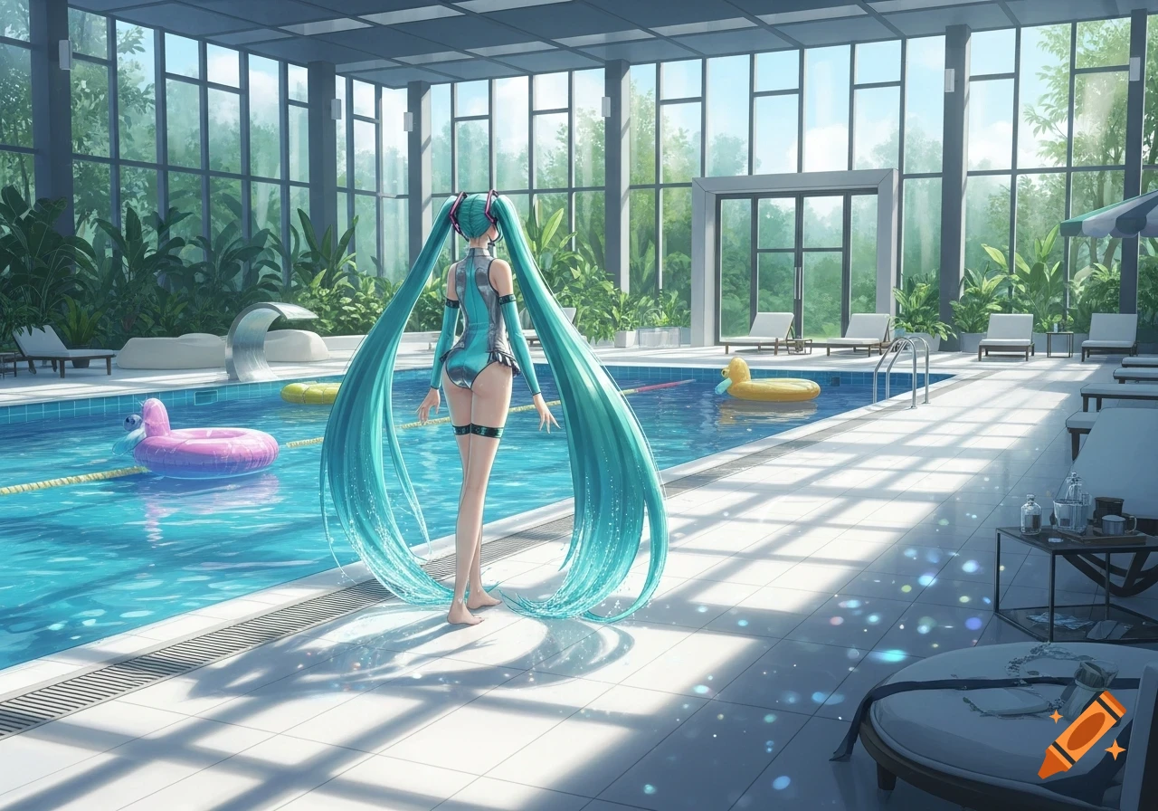 Anime character Hatsune Miku in a swimsuit stands by an indoor pool with large windows and lush greenery.