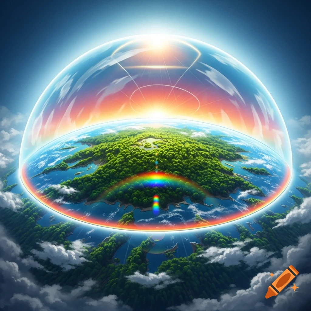 A vibrant, stylized planet covered in lush green forests and blue oceans, encased in a shimmering glass dome with a rainbow and a glowing sun above, seen from space.