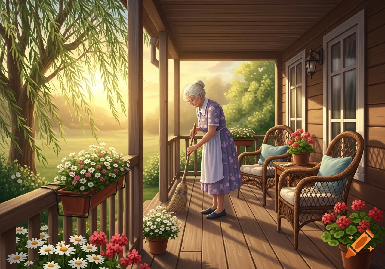An elderly woman sweeps a wooden porch filled with flowers and wicker chairs at sunset, with a tree in the background.