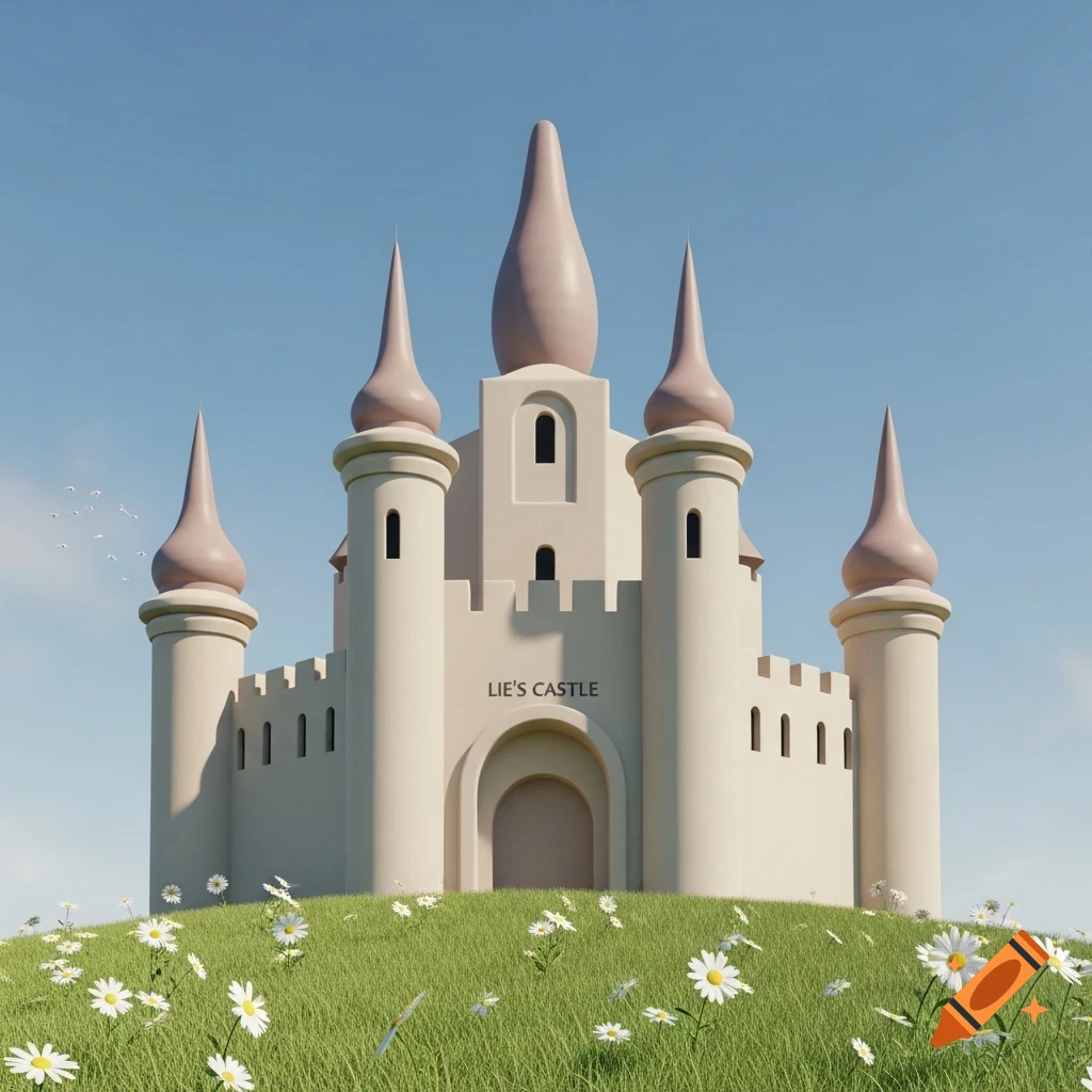 A stylized beige castle with pink spires, labeled "LIE'S CASTLE", on a green hill with daisies under a blue sky.