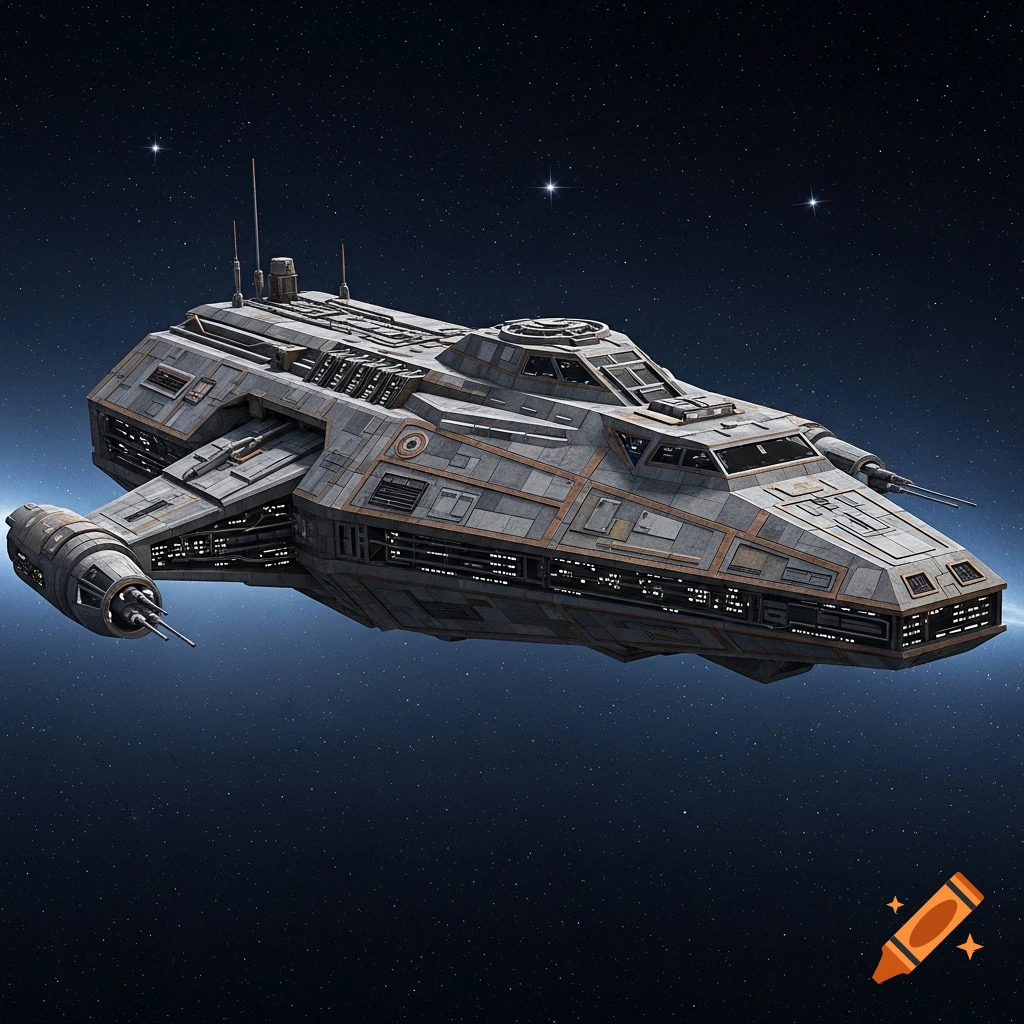 A gray industrial sci-fi freighter spaceship floats in dark blue, star-filled space.