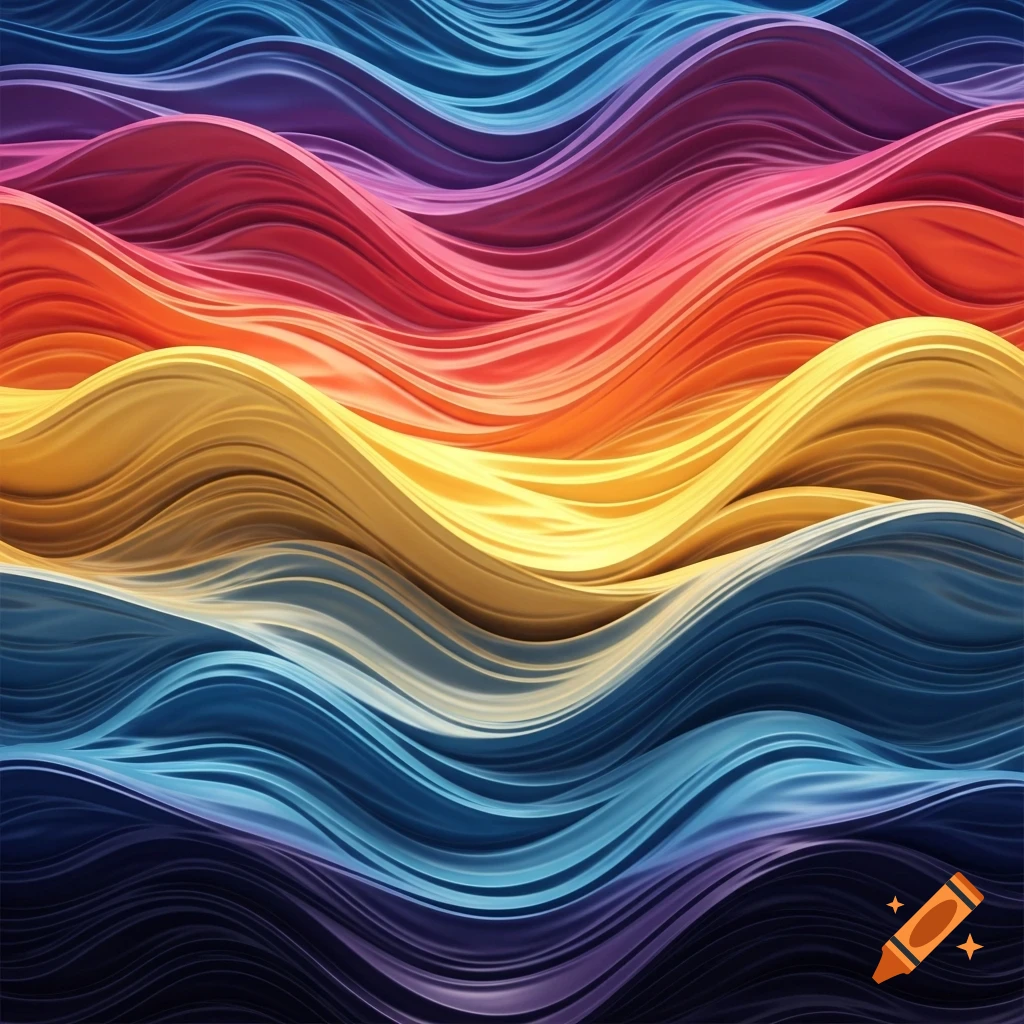 A vibrant pattern of undulating waves in blue, purple, red, orange, and yellow colors.