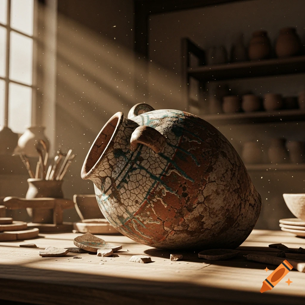 A weathered, cracked clay jar lies on a wooden table in a dusty, sunlit pottery workshop, with shards and other ceramics nearby.