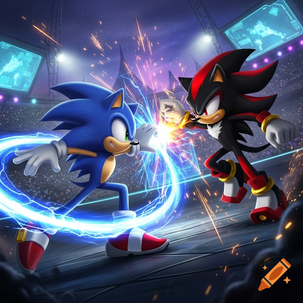 Sonic and Shadow the Hedgehog clash with powerful energy blasts in a dynamic arena battle at night.