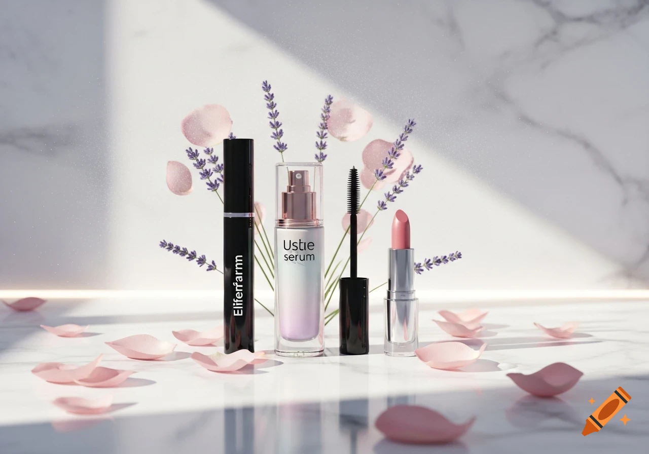 A photorealistic product shot of mascara, serum, and lipstick on white marble with lavender and pink rose petals.