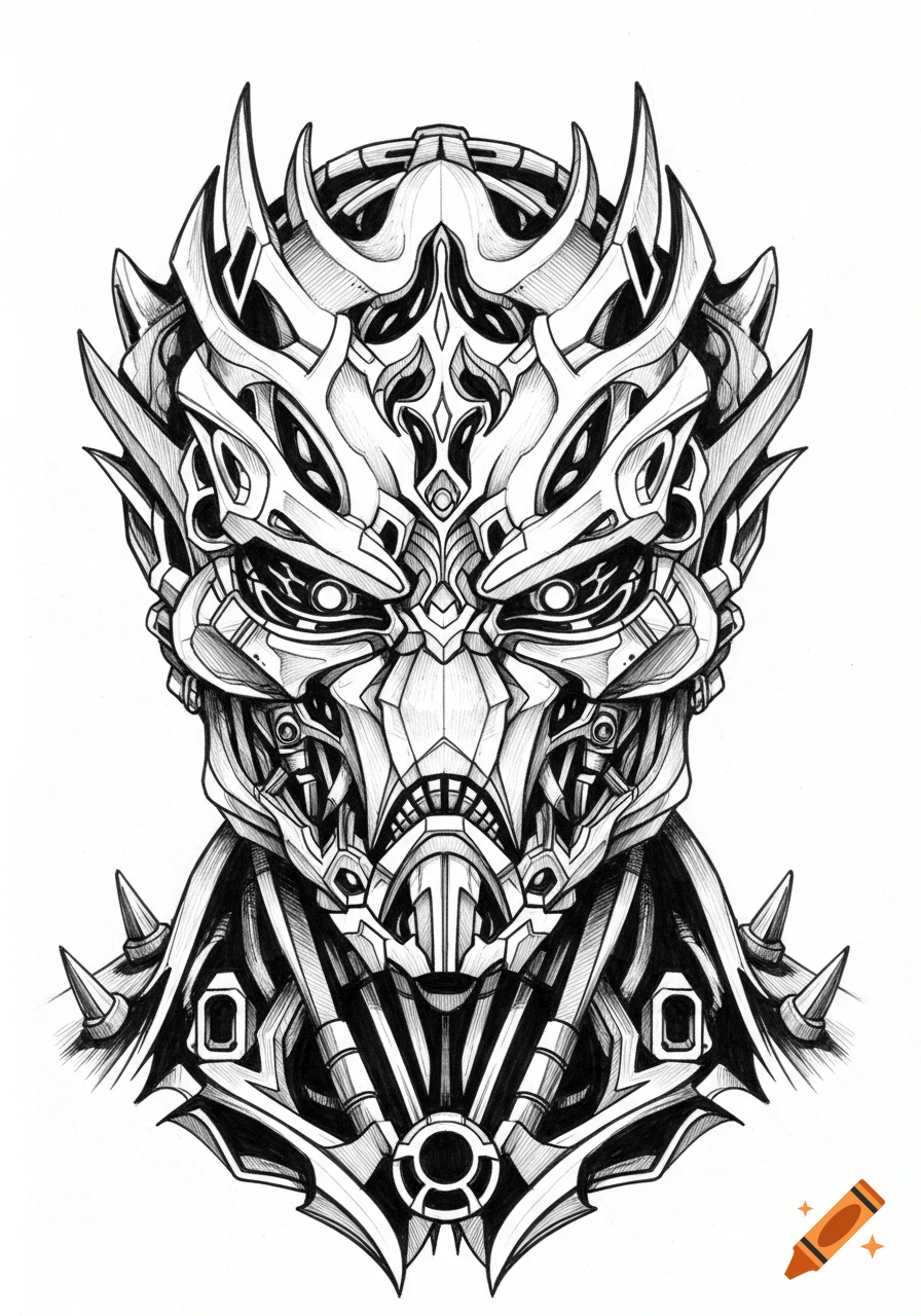 Highly detailed black and white ink sketch of a stylized, spiky robot head with intricate mechanical features.