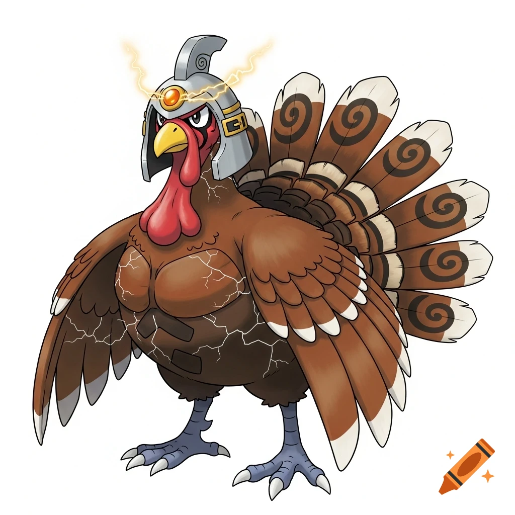 A proud, cartoon-style warrior turkey with a metal helmet, glowing amber buckle, and lightning. It has brown plumage and fanned tail feathers with spiral patterns.