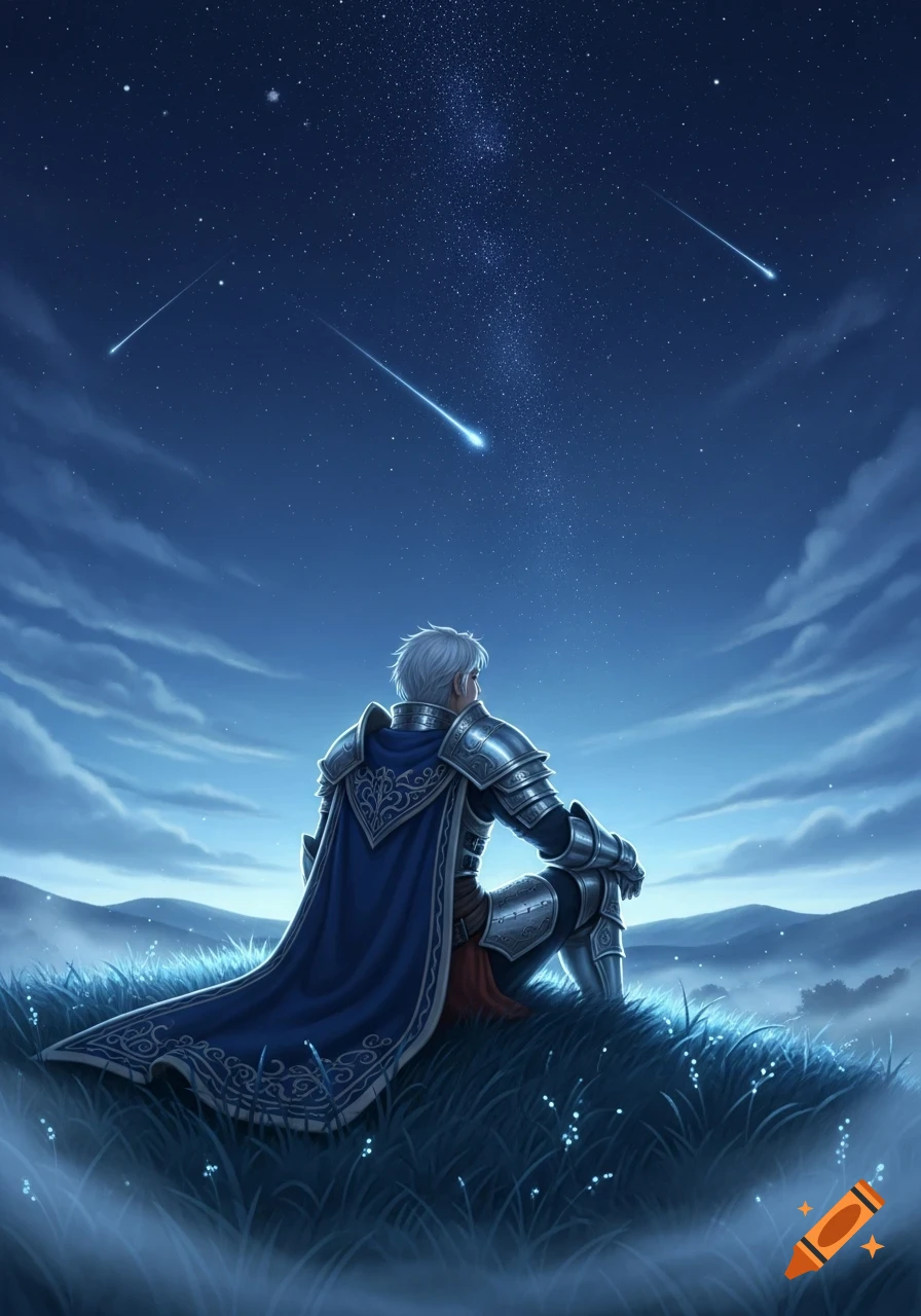 A fantasy knight in armor sits on a grassy hill at night, gazing at the star-filled sky with shooting stars.