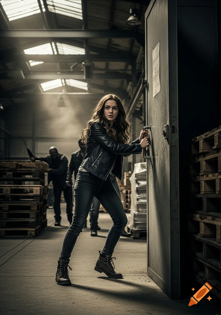 A tense young woman in a leather jacket and jeans tries to close a metal door in a dimly lit warehouse while men pursue her from behind.