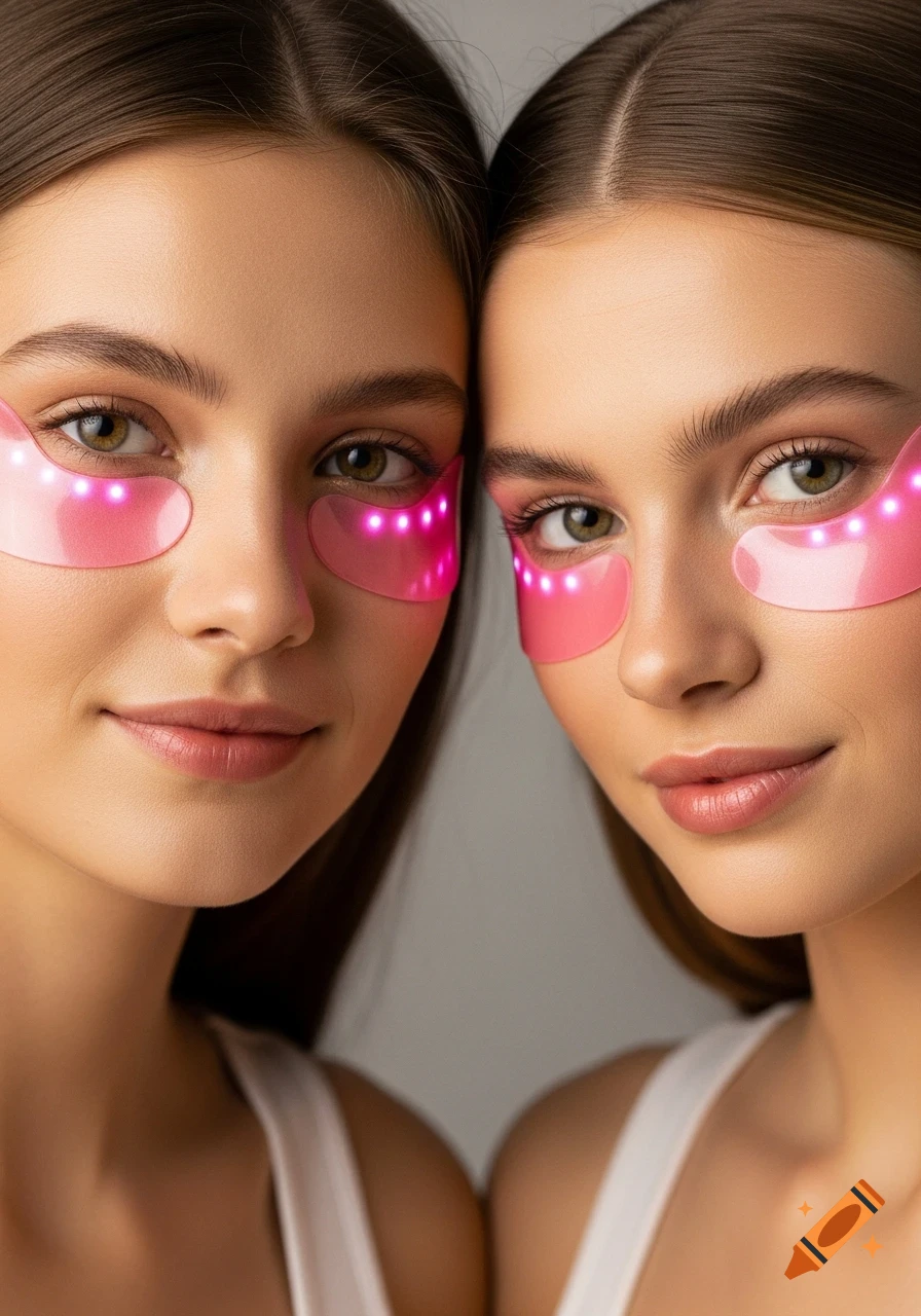 Two young women with glowing pink LED under-eye patches pose close together, smiling softly in a photorealistic style.