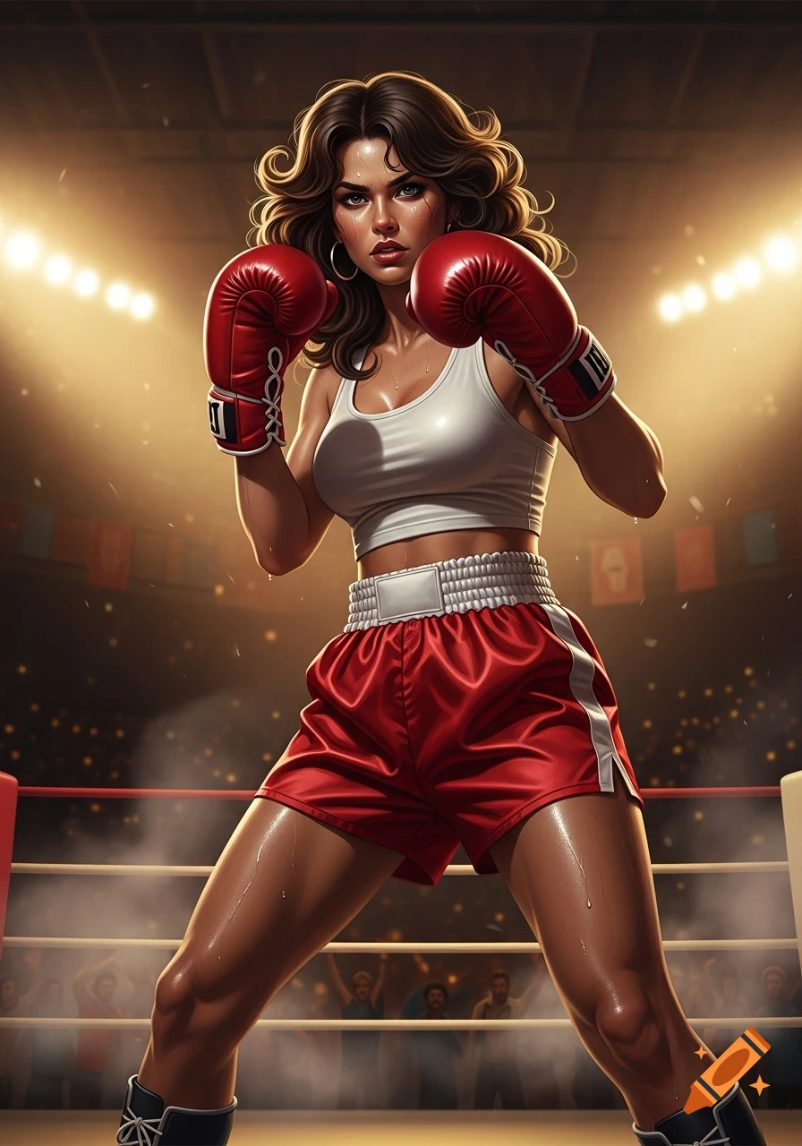 A stylized digital art image of a female boxer with dark curly hair in a white crop top, red shorts, and red gloves, posing in a boxing ring.