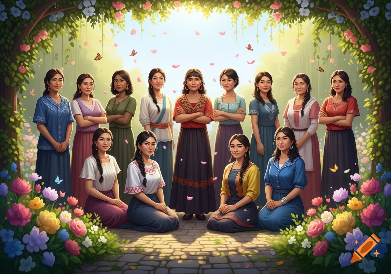 A group of women in colorful traditional dresses pose under a flowering arch in a vibrant garden.