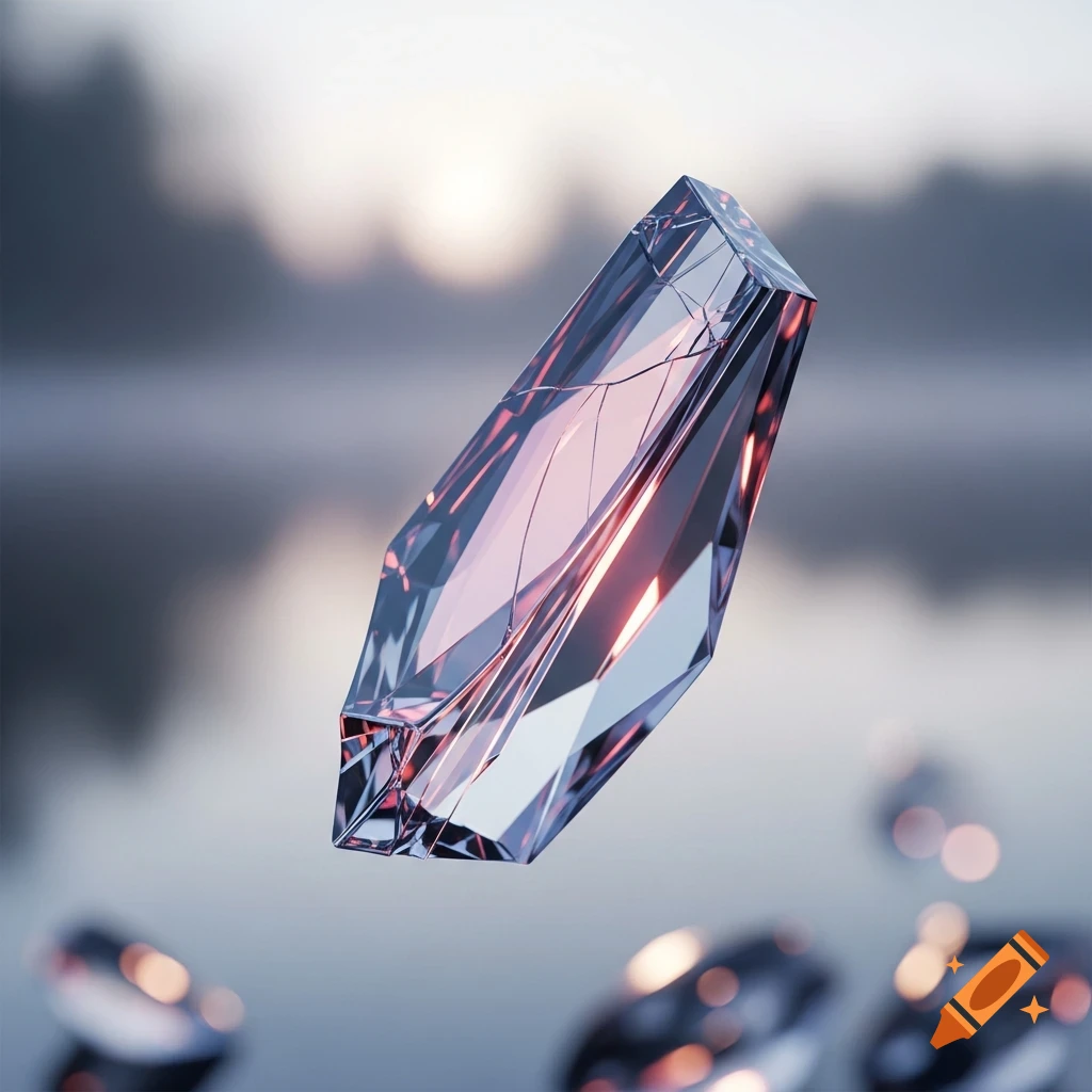 A close-up of a faceted glass shard with pink and blue reflections, set against a blurred background with sunlight.