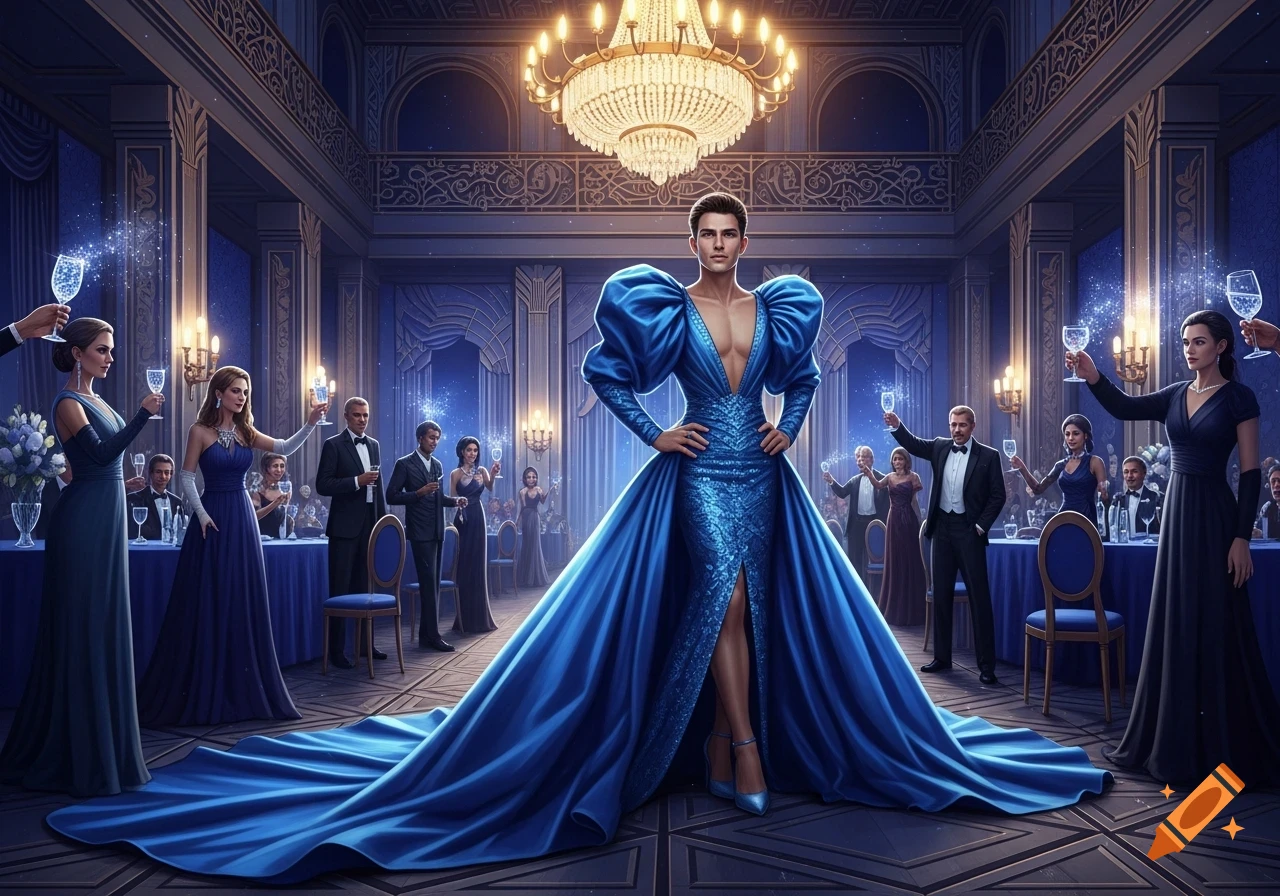 A person in a flamboyant blue gown with a long train stands confidently in a grand, lavish ballroom filled with formally dressed guests holding sparkling glasses.
