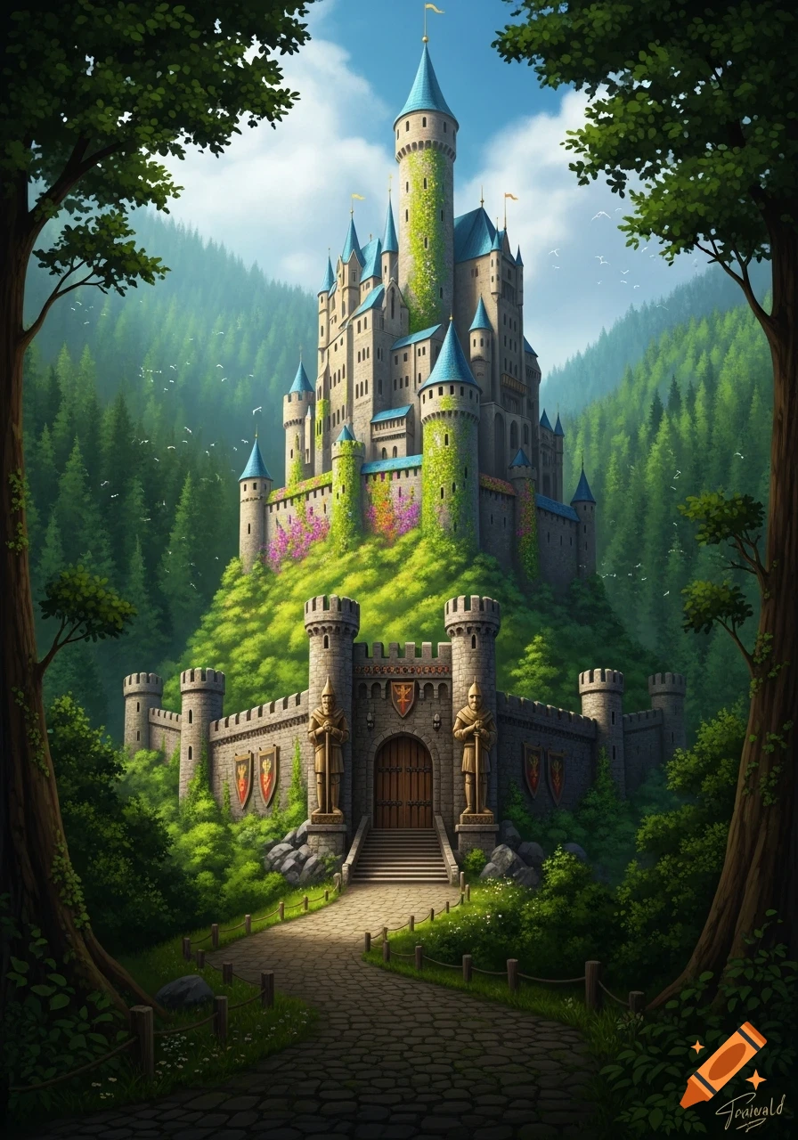 A vibrant fantasy castle with blue spires and ivy, perched on a green hill amidst a dense forest. A stone path leads to its fortified gate.