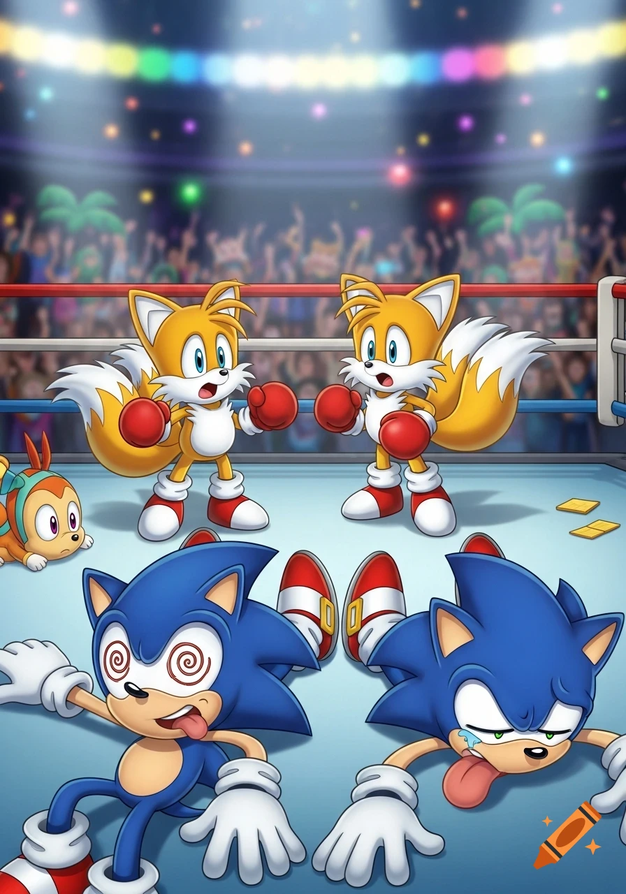 Two Tails characters in boxing gloves stand over two defeated Sonics with swirly eyes and tongues out in a boxing ring, with a crowd watching.