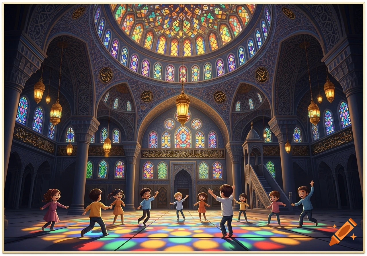 Cartoonish children play on colorful light spots inside a grand mosque with stained glass windows and intricate blue and gold designs.