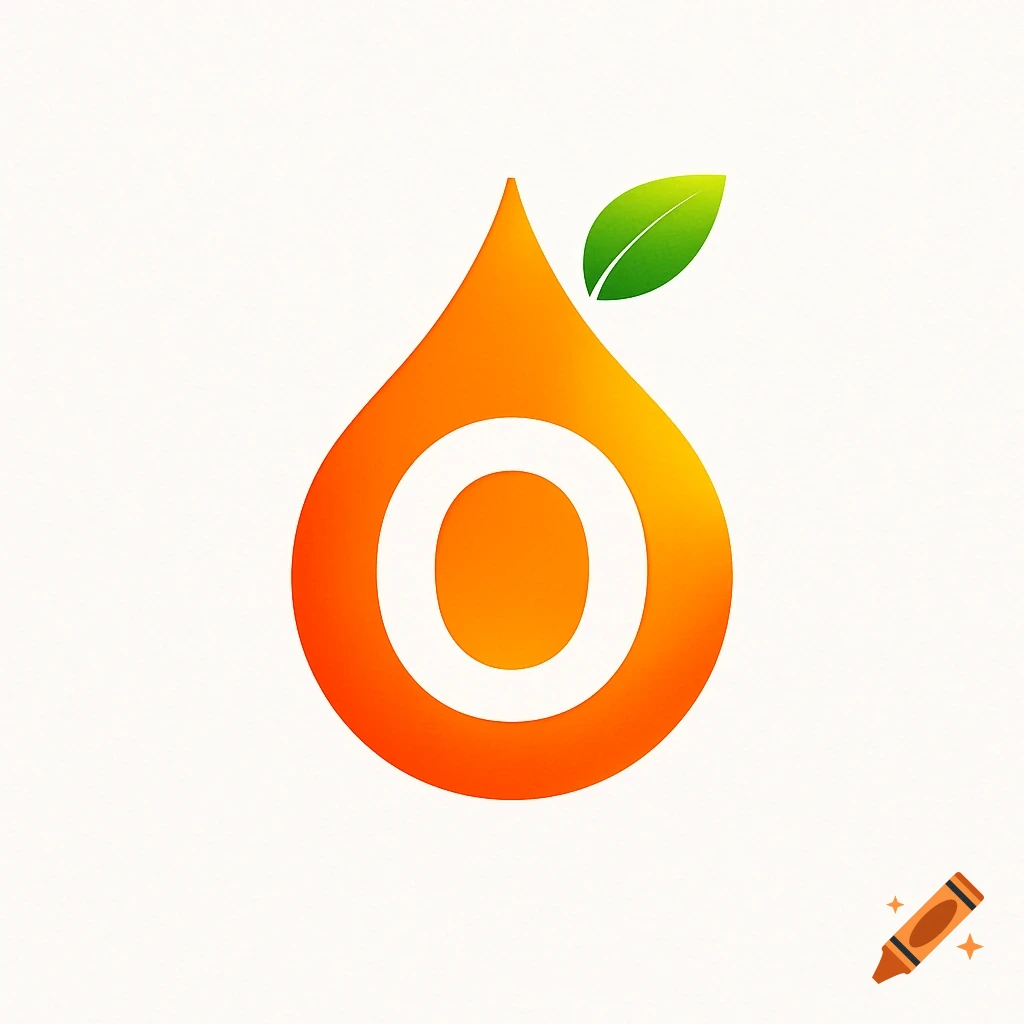 A bright orange droplet logo with a white letter 'O' inside and a green leaf on top, on a white background.