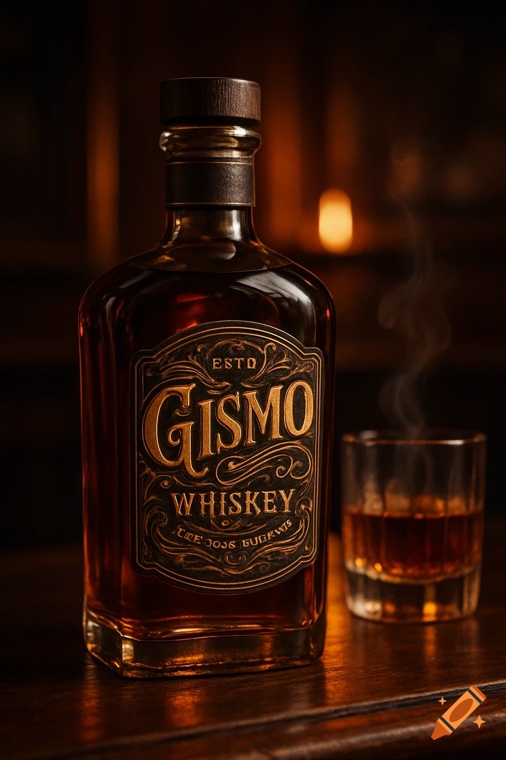 A photorealistic close-up of a Gismo Whiskey bottle and a steaming glass on a dark wooden table in a dimly lit room.