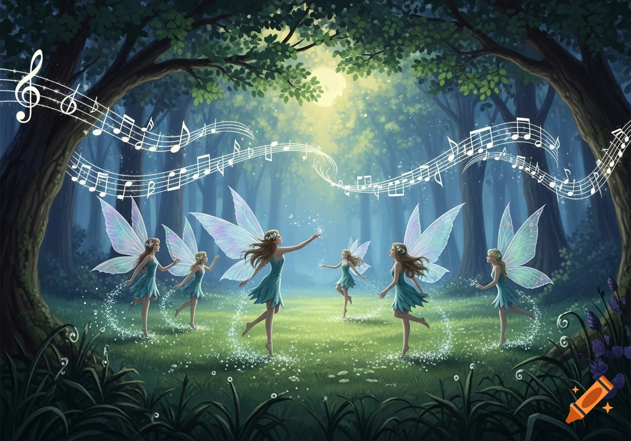 Fairies with iridescent wings dance in an enchanted forest with musical notes floating, illuminated by a glowing moon.