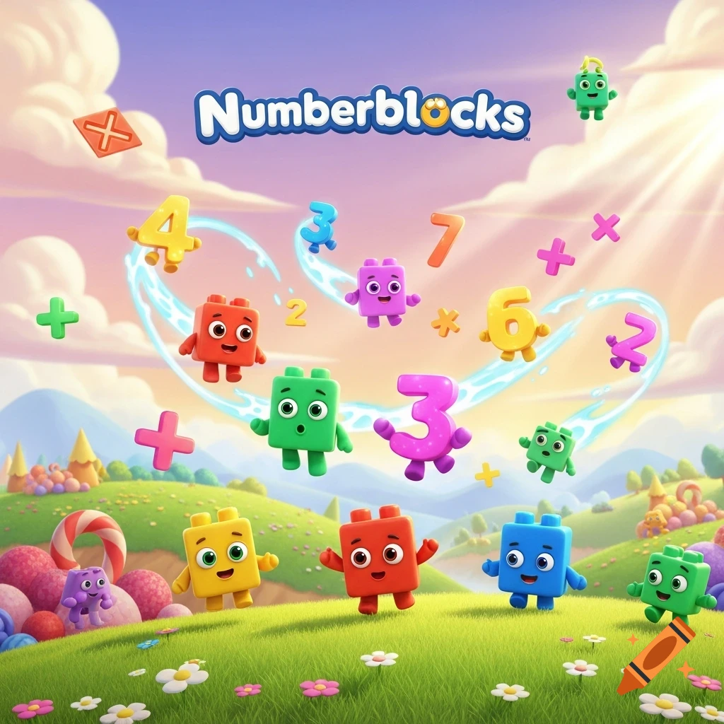 Colorful block characters and numbers float and stand on a grassy hill ...